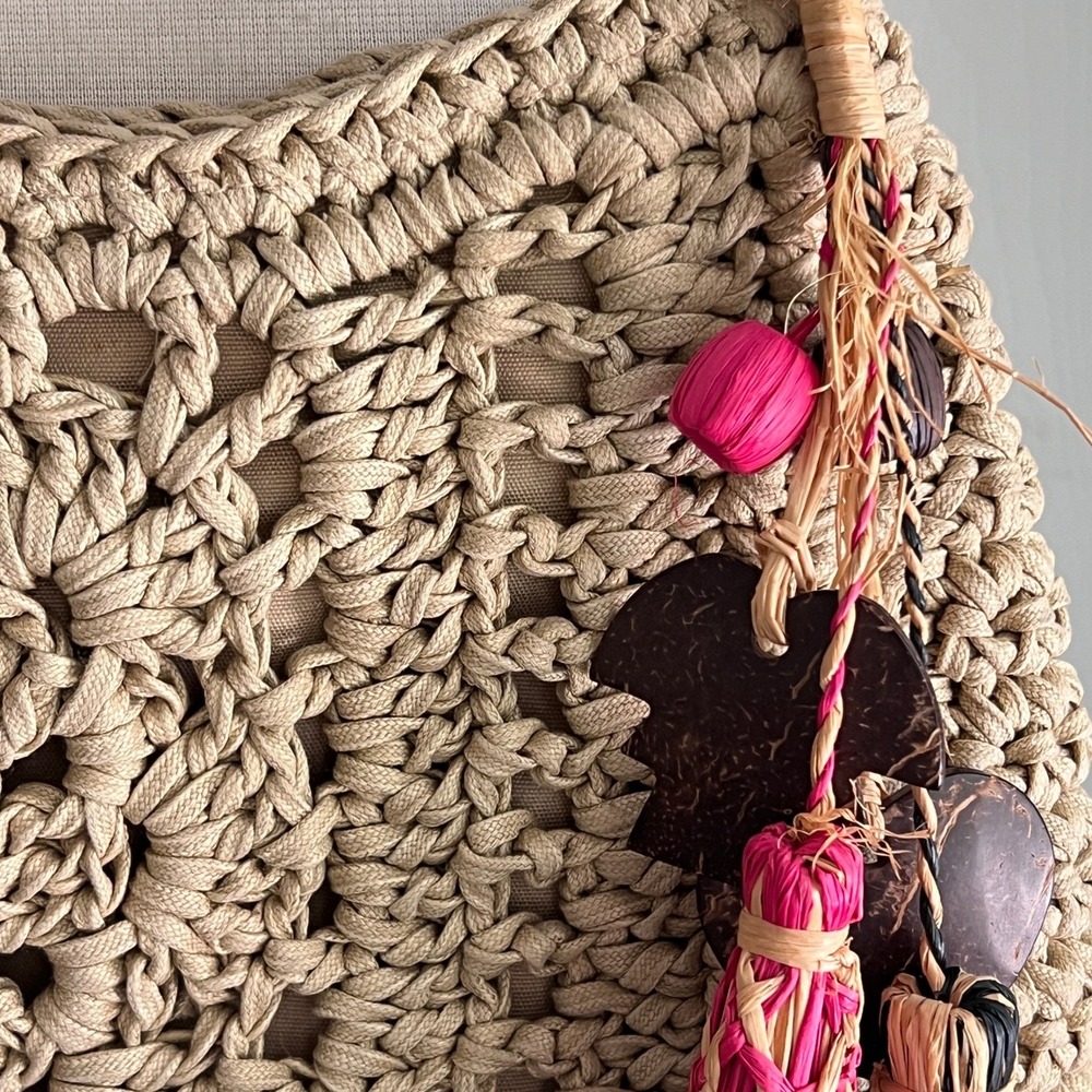 Emma Rose Crochet Straw Summer Handbag Bag Tan Medallion Boho Summer Tassel - Picture 10 of 16